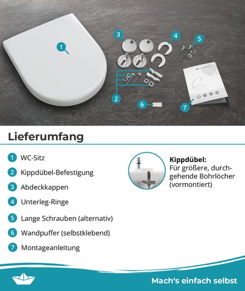 Lieferumfang von einem WC Sitz mit Befestigungsmaterial, Abdeckkappen, Wandpuffer und Montageanleitung für die einfache Installation.