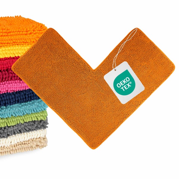 Badematte aus Mikrofaser-Chenille mit Toilettenausschnitt und Oeko-Tex-Zertifikat.
