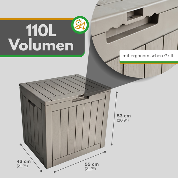 Gartenbox in Holzoptik mit 110 Liter Volumen, Maße 55 mal 43 mal 53 Zentimeter und ergonomischem Griff.