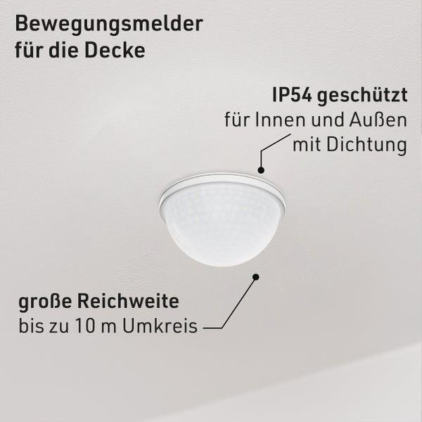 Deckenbewegungsmelder mit einer Reichweite von bis zu 10 Metern, geeignet für den Innen- und Außenbereich, Schutzart IP54