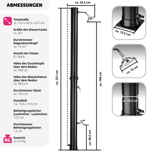 Solardusche tectake Tinto inklusive Wasserhahn 20 Liter schwarz