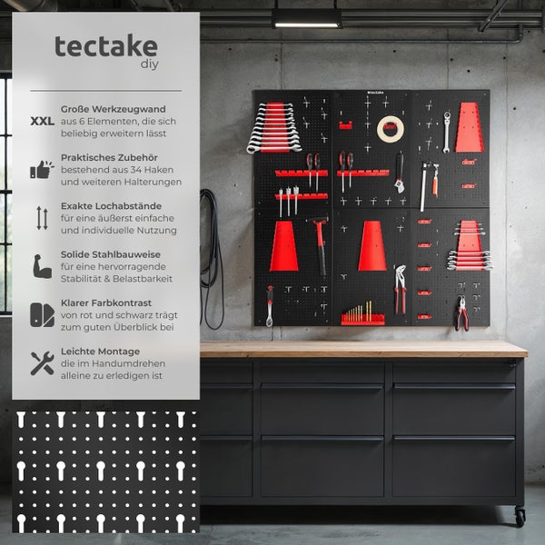Werkzeuglochwand tectake Jonah Belastbarkeit 4 kg pro Platte sechsteilig schwarz/rot