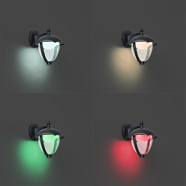 Klassische Außenwandleuchte mit verschiedenen Lichtfarben wie Weiß, Warmweiß, Grün und Rot.