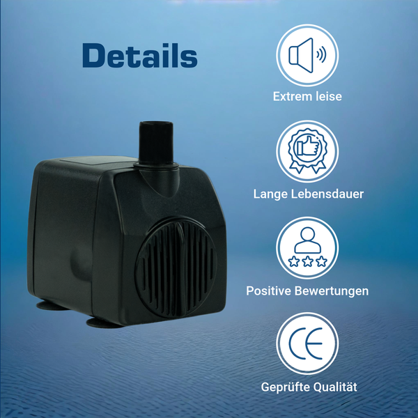 Kompakte Wasserpumpe aus Kunststoff mit Hinweisen zu leisem Betrieb, langer Lebensdauer, positiven Bewertungen und geprüfter Qualität mit CE-Siegel.