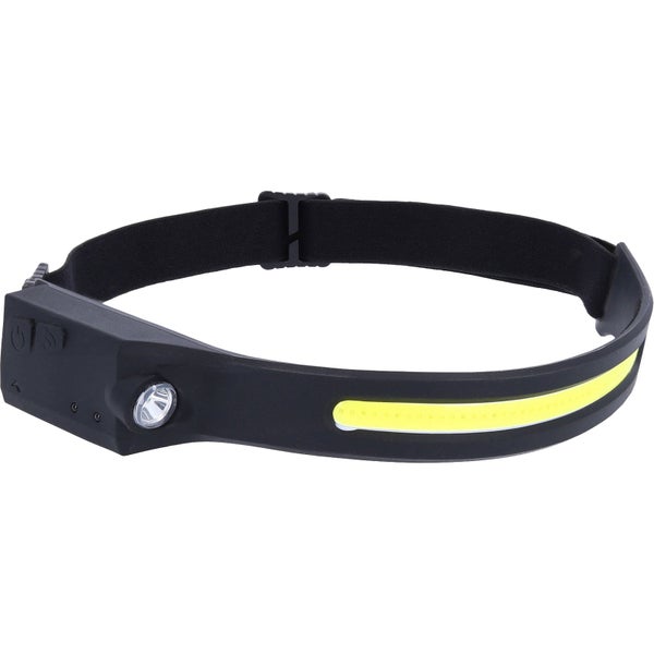 Schwarze LED-Stirnlampe mit breitem Leuchtstreifen und seitlichem Spotlicht an einem Mannequin-Kopf.