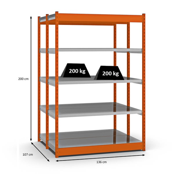 PROREGAL Fachbodenregal Stecksystem Vierkant-Profil Grundregal HxBxT 200 x 132,5 x 50 cm 2x5 Ebenen Doppelseitige Bauart Fachlast 200 kg Orange