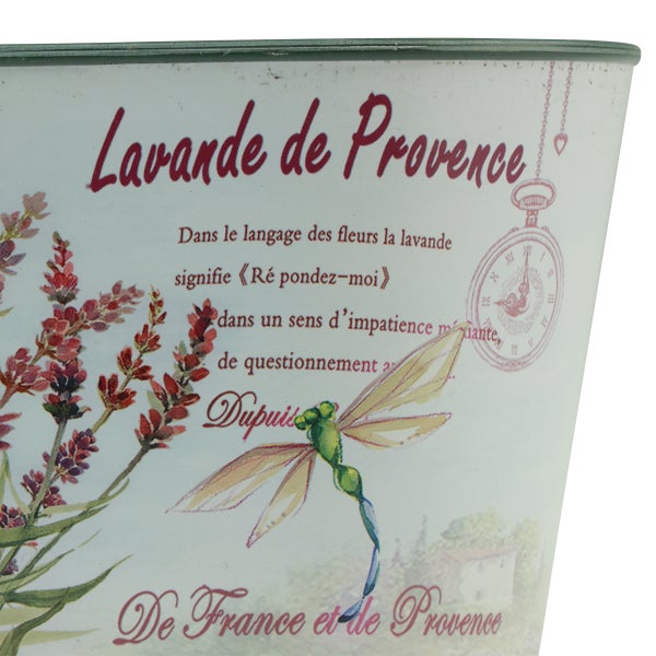 Pflanzgefäß aus Metall mit Lavendel-Motiv, Libelle, Taschenuhr und französischem Schriftzug Lavande de Provence.