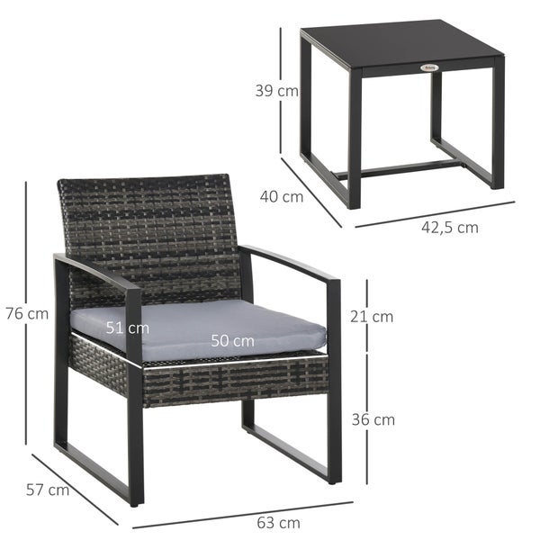 Outsunny 3-tlg. Gartenmöbel-Set, B63 x T57 x H76 cm, PE Polyrattan, Metall, Polyester, grau