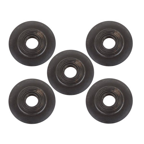 Fünf Ersatzschneidräder für Rohrabschneider aus Metall.