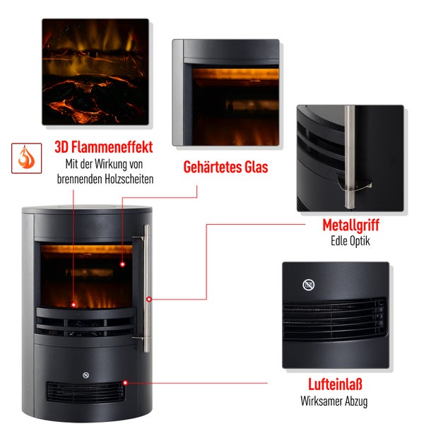 HOMCOM LED Elektrokamin mit Flammeneffekt, 900/2000W, 41x41x64,5cm, Eisen, Kunststoff, gehärtetes Glas, Schwarz