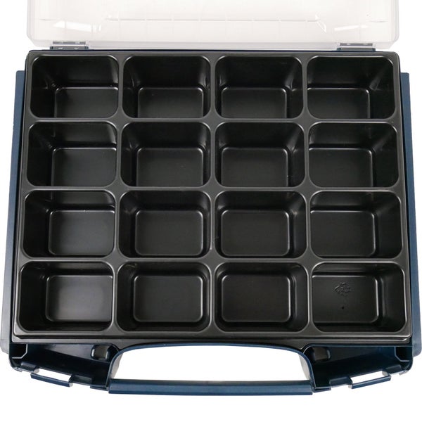 Sortimentskasten aus Kunststoff mit transparentem Deckel und 16 schwarzen Fächern.
