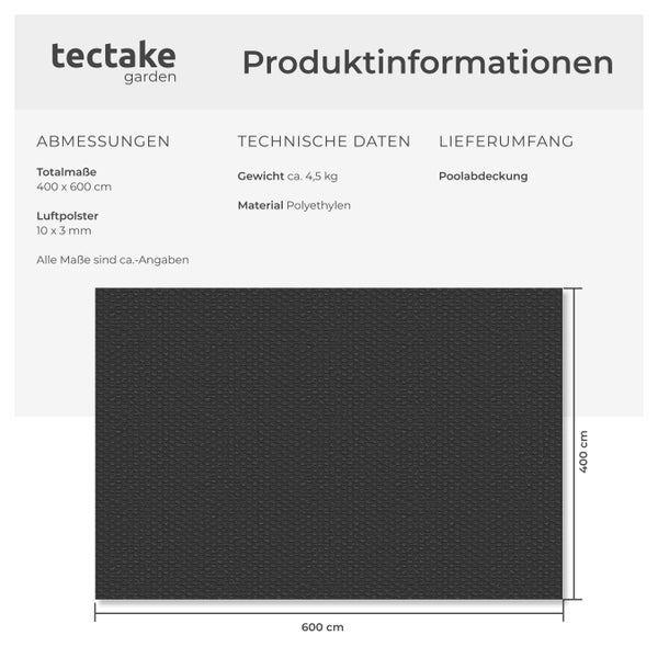 Grafik zur Darstellung der Vorteile einer Poolabdeckung: Erwärmung des Poolwassers, Schutz vor Schmutz, Reduzierung der Wasserverdunstung und Heizkosten.