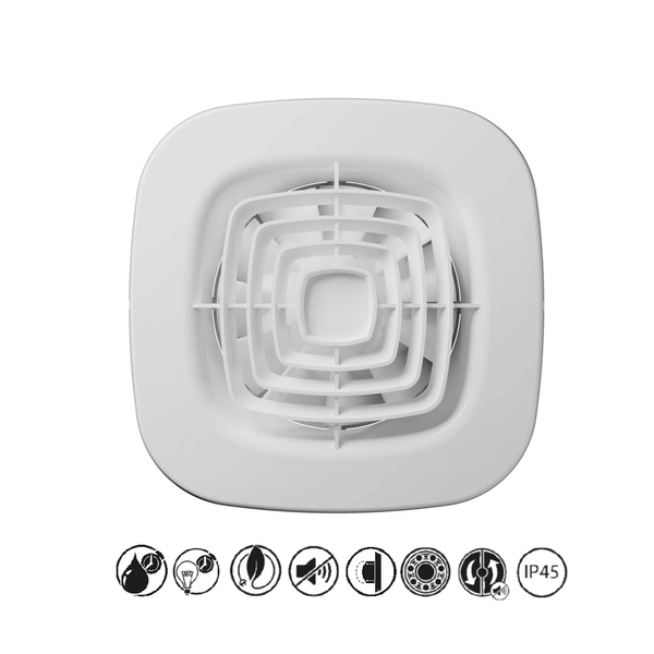 Weißer Kleinraumventilator mit quadratischem Gehäuse, abgerundeten Ecken und konzentrischem Gitterdesign.