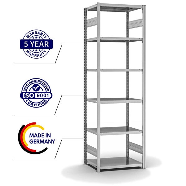 PROREGAL Fachbodenregal Stecksystem T-Profil Light-Duty Grundregal HxBxT 250 x 75 x 50 cm 6 Ebenen Fachlast 140 kg Beidseitig Nutzbar Verzinkt
