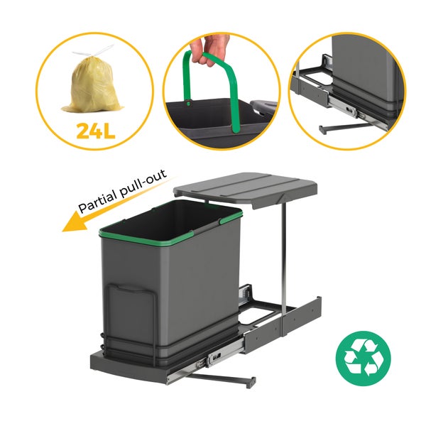 Ausziehbarer Abfalleimer mit 24 Liter Fassungsvermögen, Teilauszug-Mechanismus, Tragegriff und Recycling-Symbol.