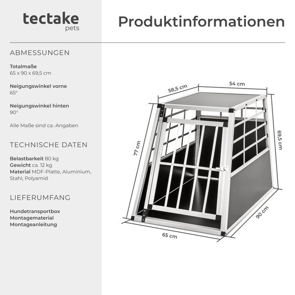 Produktinformationen zur Hundetransportbox von tectake pets mit Maßangaben