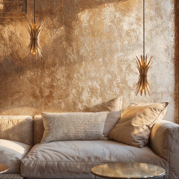 Wohnzimmer mit Sofa, Kissen und zwei Pendelleuchten im dekorativen Design