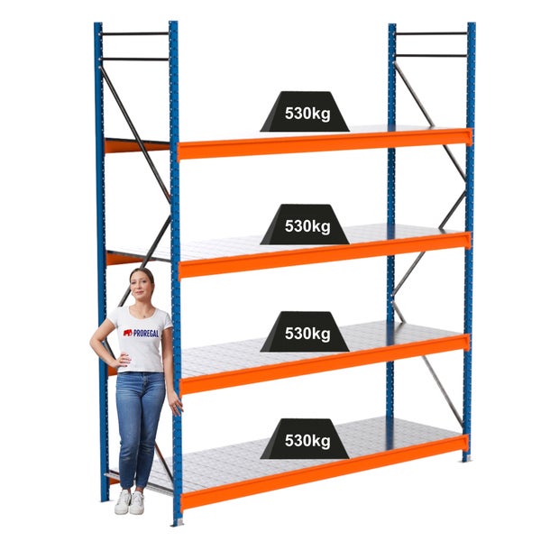 Regal mit vier Ebenen, jede Ebene mit einer Traglast von 530 Kilogramm