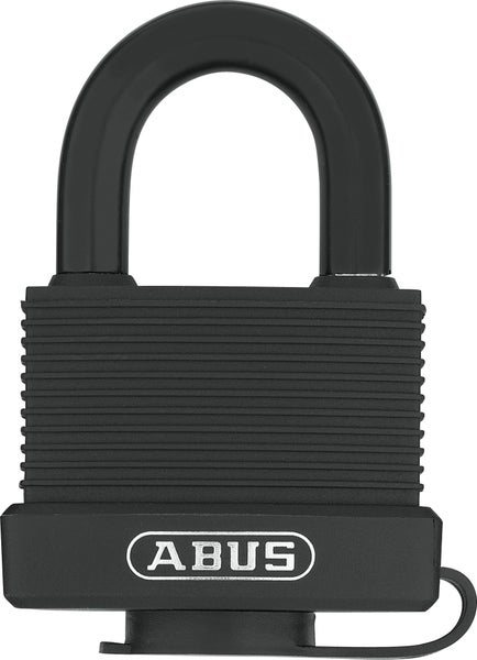 Wetterfestes Vorhangschloss von ABUS mit Kunststoffummantelung und ABUS Logo.