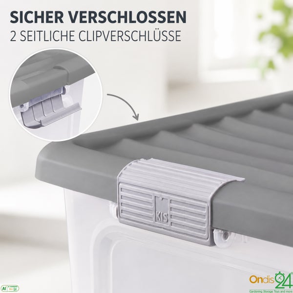 Kunststoff Aufbewahrungsbox mit zwei seitlichen Clipverschlüssen zum sicheren Verschließen des Deckels.