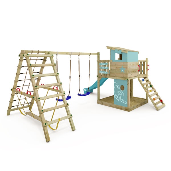 WICKEY Spielturm Klettergerüst Smart Surf mit Schaukel und Rutsche, Kletterturm mit Sandkasten, Leiter und Spiel-Zubehör – pastellblau