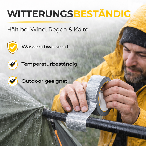 Ein Mann repariert im Regen ein Zelt mit wasserabweisendem, temperaturbeständigem Panzerband für den Außenbereich.