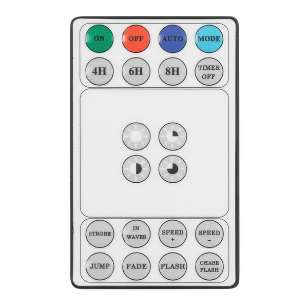 Fernbedienung mit Knöpfen für Ein, Aus, Automatik, Modus, Timer und verschiedene Lichteffekte