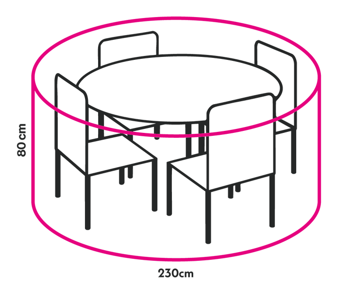 Skizze einer Sitzgruppe mit den Maßen 80 cm Höhe und 230 cm Durchmesser