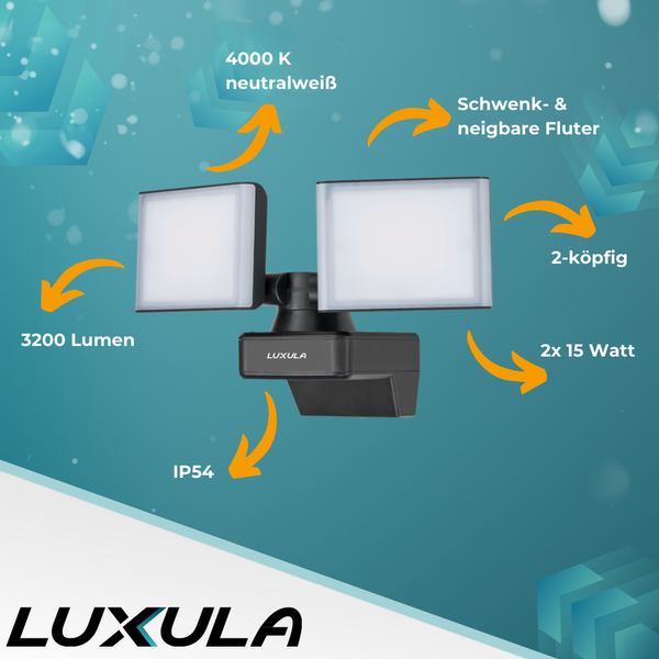 Luxula LED Strahler mit zwei Köpfen, 4000 Kelvin neutralweiß, 3200 Lumen, 2 x 15 Watt, IP54
