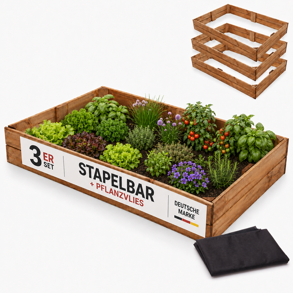 Stapelbares Hochbeet aus Holz im Set von drei Stück inklusive Pflanzenvlies einer deutschen Marke, bepflanzt mit Kräutern und Gemüse.