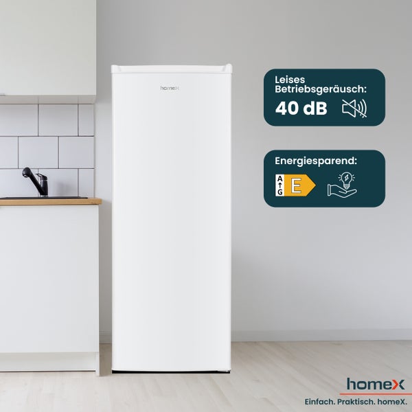 HomeX Kühlschrank mit Energieeffizienzklasse E und einem Betriebsgeräusch von 40 Dezibel.