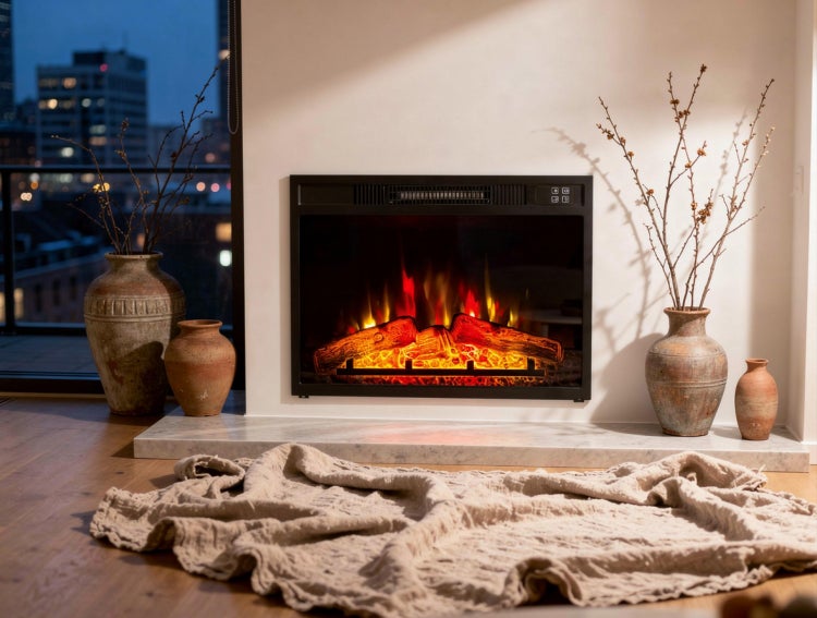 Elektrischer Kamin mit simulierten Flammen in einem Wohnzimmer mit Dekoration