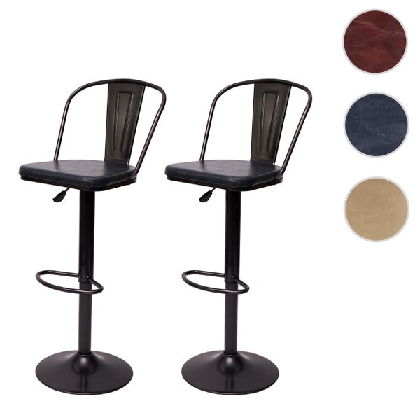 Zwei Barhocker mit Rückenlehne, Fußstütze und Sitzflächen aus Kunstleder