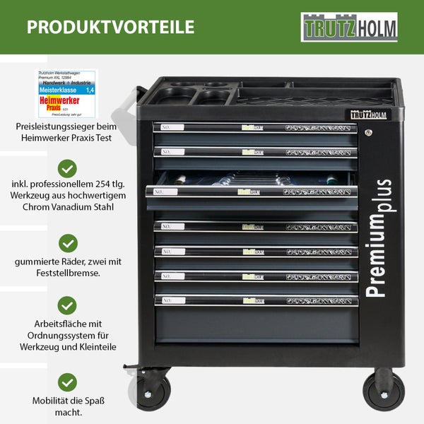 Trutzholm Werkstattwagen Premium plus mit sieben Schubladen, Produktvorteilen und Heimwerker-Praxis-Test-Siegel.
