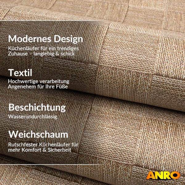 Küchenläufer mit Textiloberfläche, wasserundurchlässiger Beschichtung und rutschfester Weichschaum-Unterseite. ANRO Logo.