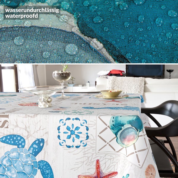 Tischdecke mit Meerestier-Motiv auf einem Esstisch, wasserabweisend