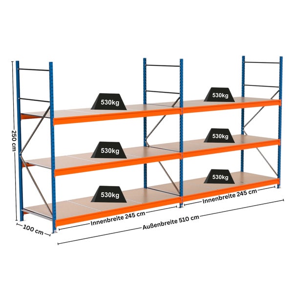 Lagerregal mit drei Ebenen und Gewichtsangaben