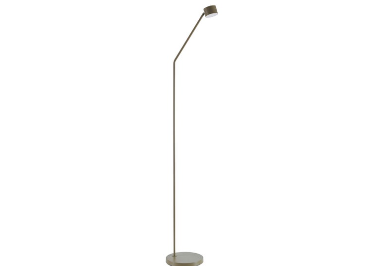 Schlanke Stehleuchte mit rundem Leuchtenkopf auf einem filigranen Metallstativ für ein minimalistisches Wohnambiente