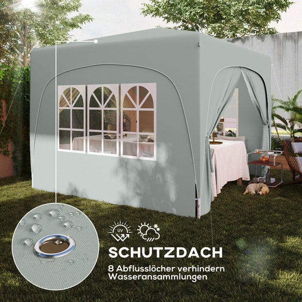 Outsunny Pavillon 3x3m, wasserabweisend Stabil Winterfest Pop-up Faltpavillon, UV Schutz 50+, Faltbar Partyzelt Gartenzelt mit 4 Seitenteilen Tasche Gartenpavillon für Camping Garten, Hellgrau