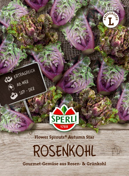 Sperli Flower Sprouts Autumn Star Saatgut für Rosenkohl mit Informationen zu Aussaat und Ernte auf der Verpackung