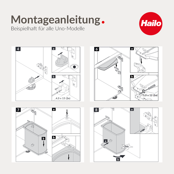 Montageanleitung für Hailo Uno Abfallsammler mit den Schritten vier, sechs, sieben und acht zur Schrankmontage. Hailo Logo.