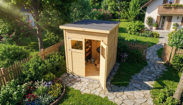 Ein hölzernes Gartenhaus mit Flachdach und offener Tür in einem sonnigen Garten neben einem Steinweg und Blumenbeeten.