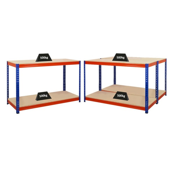 PROREGAL Mega Deal 3x Profi Werkbank STRONG BEAST, HxBxT 90x150x60cm mit Fachlast 500kg, 2 Ebenen, Blau-Orange