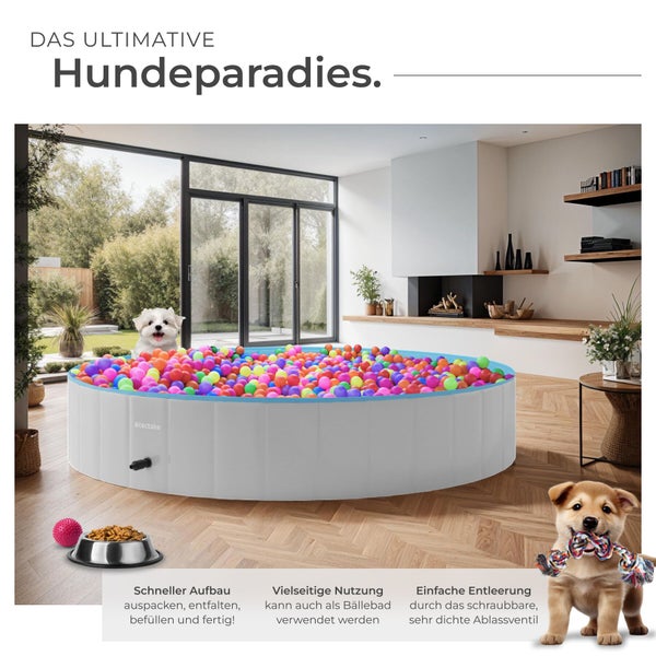 Tectake Hundepool als Bällebad in modernem Wohnzimmer mit zwei Hunden, Futternapf und Spielzeug auf Holzboden.