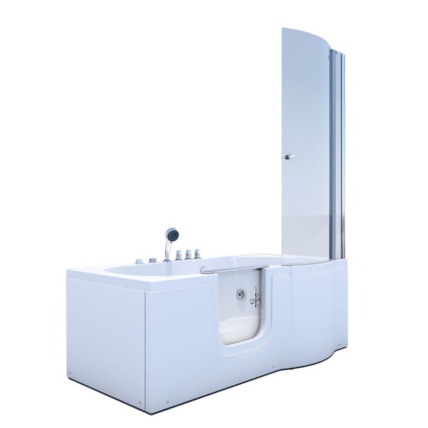 Sitzbadewanne mit Tür, Duschabtrennung aus Glas und verchromten Armaturen