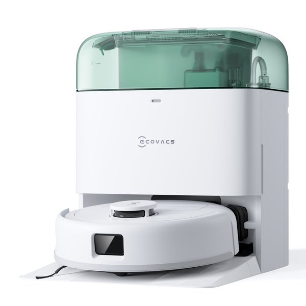 Weißer Saugroboter mit Absaugstation und Ecovacs Logo