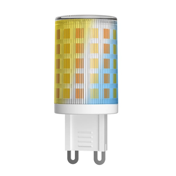 LED-Leuchtmittel mit G9-Sockel, zylindrische Form, klare geriffelte Abdeckung und sichtbare LED-Chips.