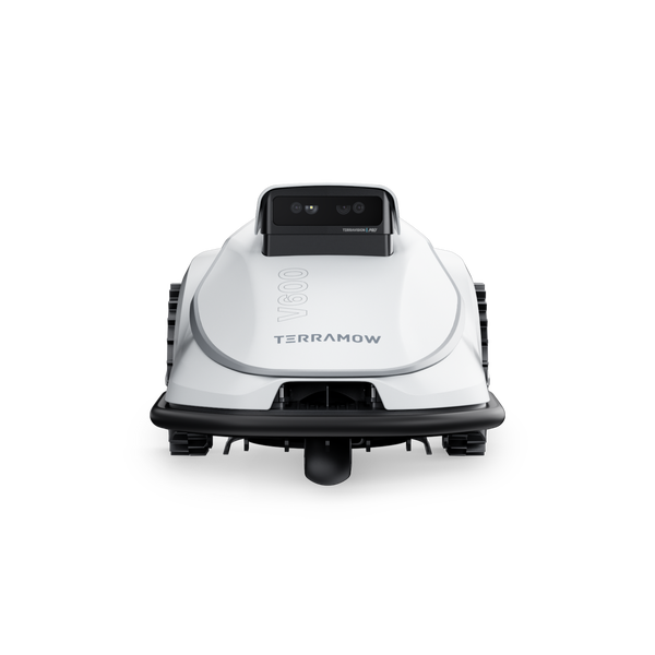 Terramow Mähroboter V600 in Weiß mit TerraVision Kamerasystem.