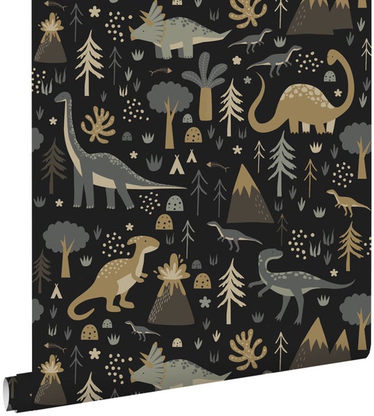 ESTAhome Tapete Dinosaurier Graublau, Braun und Schwarz - 50 x 900 cm - 139803
