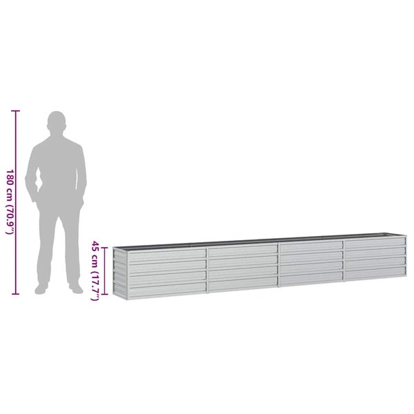 Rechteckiges Hochbeet aus Metall, Höhe 45 Zentimeter, neben einer 180 Zentimeter hohen Personensilhouette zum Größenvergleich.